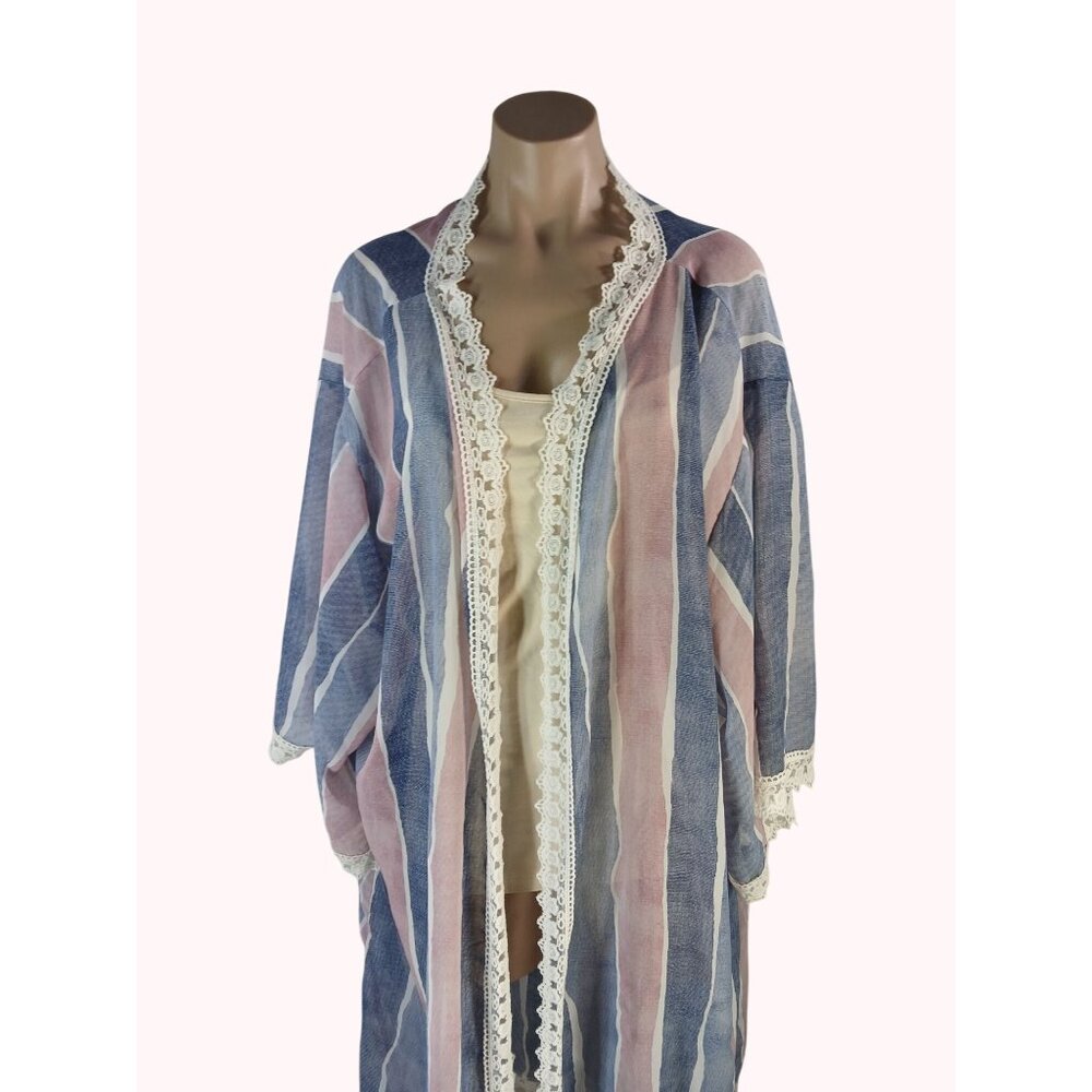 LuLaRoe Chloe Striped Lace Trim Open Kimono Womens Size XL Boho Pink Blue Cover - Picture 2 of 12